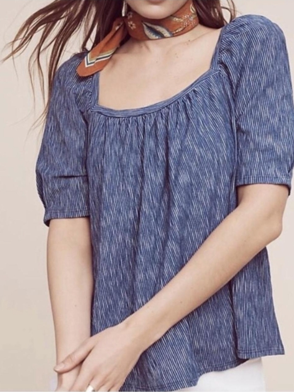 Anthropologie Postage Stamp Blue Striped Print Top Small - Picture 2 of 9